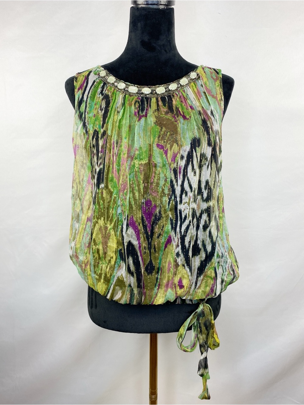 Vintage Y2K Cache Silk Chiffon Bubble Hem Beaded Neckline Size Medium